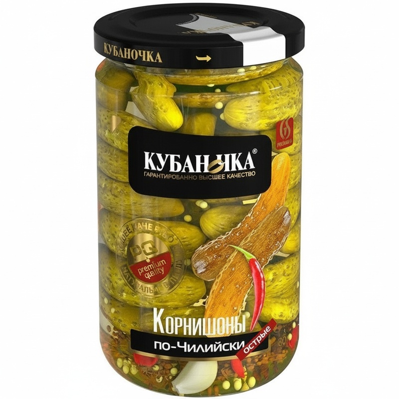 КОРНИШОНЫ КУБАНОЧКА МАРИНОВАННЫЕ ПО-ЧИЛИЙСКИ ОСТРЫЕ 680Г