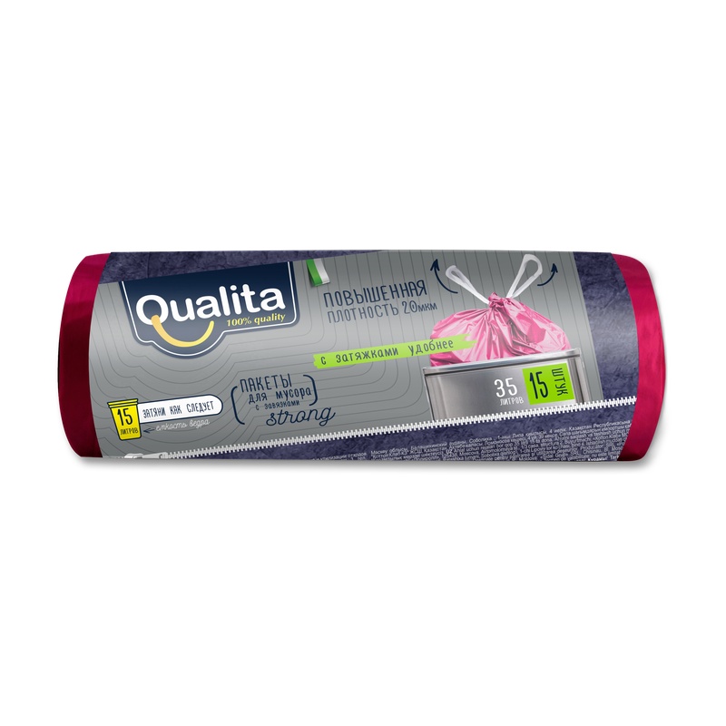 ПАКЕТЫ ДЛЯ МУСОРА QUALITA СТАНДАРТНЫЕ С ЗАВЯЗКАМИ STRONG 35Л/15ШТ