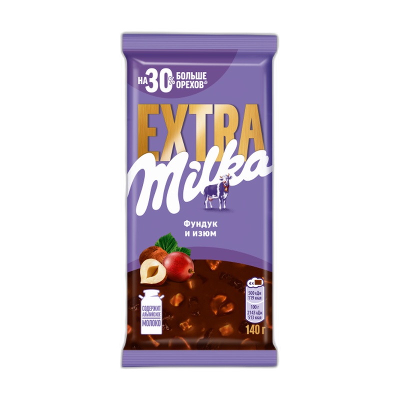 ШОКОЛАД MILKA EXTRA МОЛОЧНЫЙ ФУНДУК ИЗЮМ 140Г