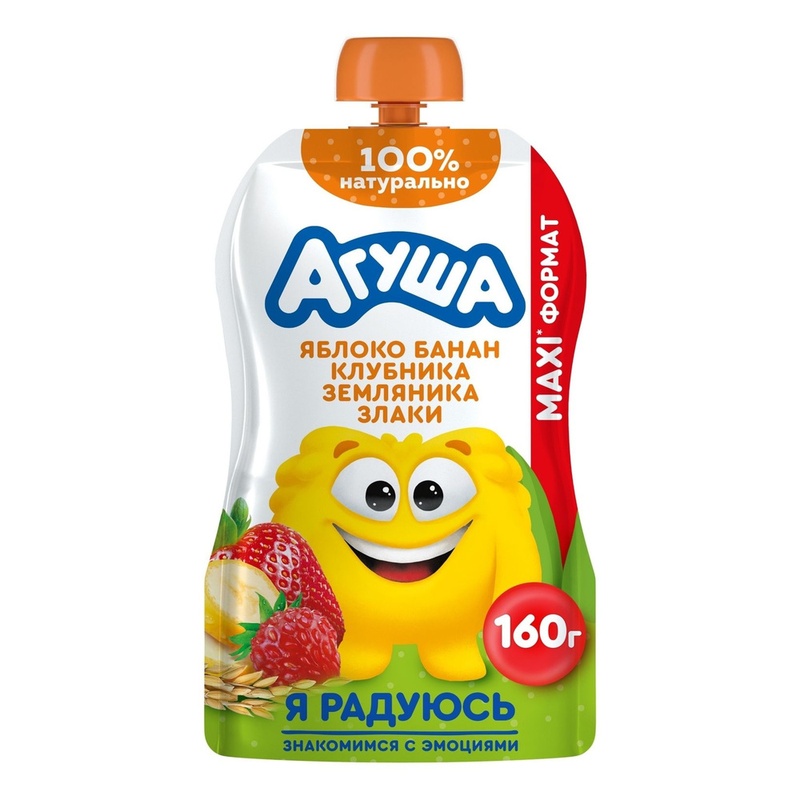 ПЮРЕ АГУША ЯБЛОКО БАНАН КЛУБНИКА ЗЕМЛЯНИКА ЗЛАКИ 160Г ПАУЧ