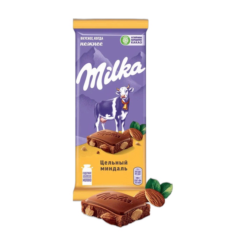 ШОКОЛАД MILKA МОЛОЧНЫЙ ЦЕЛЬНЫЙ МИНДАЛЬ 90Г