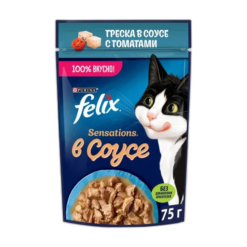 КОРМ ДЛЯ КОШЕК FELIX SENSATIONS ТРЕСКА ТОМАТ В СОУСЕ 75Г