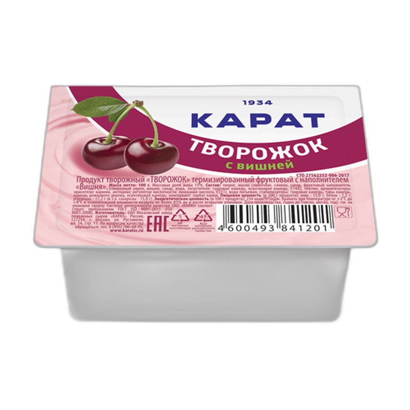 ТВОРОЖОК КАРАТ ФРУКТОВЫЙ ВИШНЯ 9% 100Г