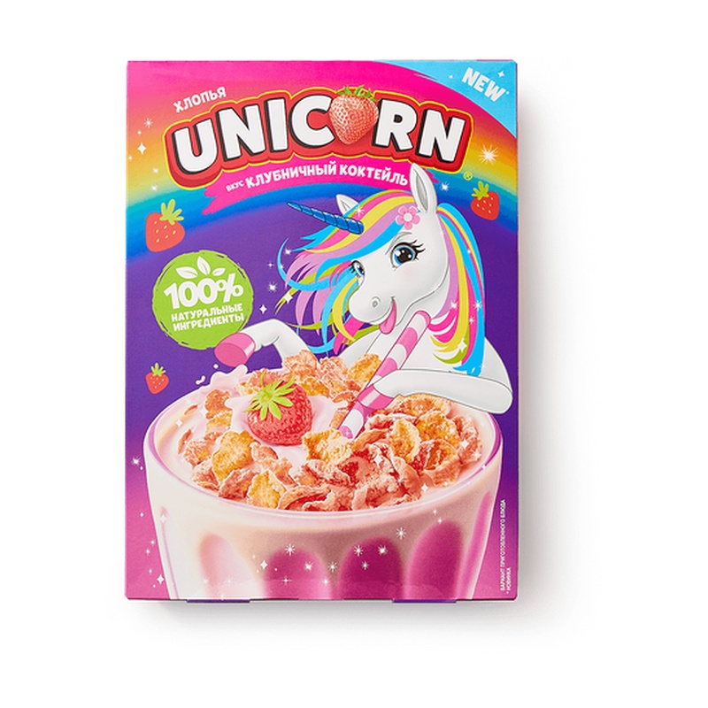 ЗАВТРАК ГОТОВЫЙ UNICORN КУКУРУЗНЫЕ ХЛОПЬЯ КЛУБНИКА 220Г