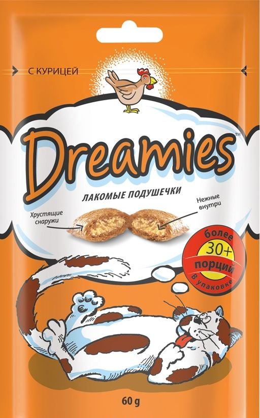 КОРМ ДЛЯ КОШЕК DREAMIES ПОДУШЕЧКИ С КУРИЦЕЙ 60Г