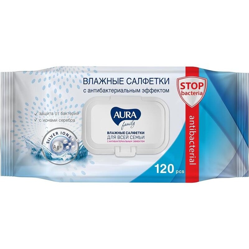 САЛФЕТКИ ВЛАЖНЫЕ AURA FAMILY АНТИБАКТЕРИАЛЬНЫЕ 120ШТ