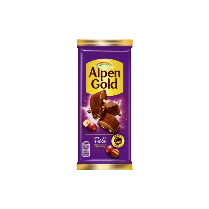 ШОКОЛАД ALPEN GOLD МОЛОЧНЫЙ ФУНДУК ИЗЮМ 80Г