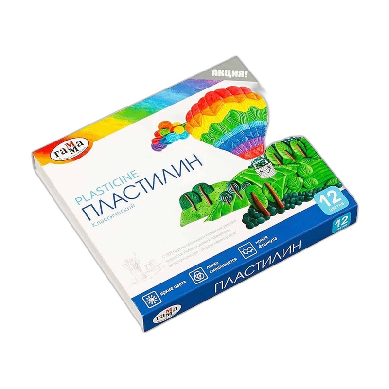ПЛАСТИЛИН ГАММА КЛАССИЧЕСКИЙ 12ЦВ 240Г СО СТЕКОМ К/У