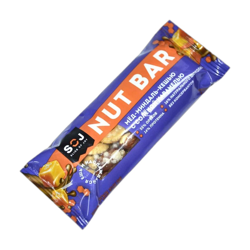БАТОНЧИК ОРЕХОВЫЙ SOJ NUT BAR МЕД МИНДАЛЬ КЕШЬЮ СОЛЕНАЯ КАРАМЕЛЬ 40Г