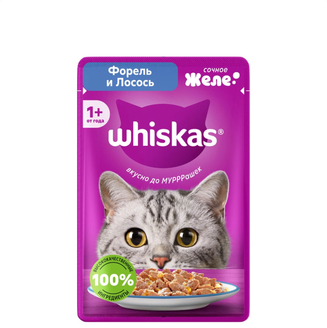 КОРМ ДЛЯ КОШЕК WHISKAS ЖЕЛЕ С ФОРЕЛЬЮ И ЛОСОСЕМ 75Г