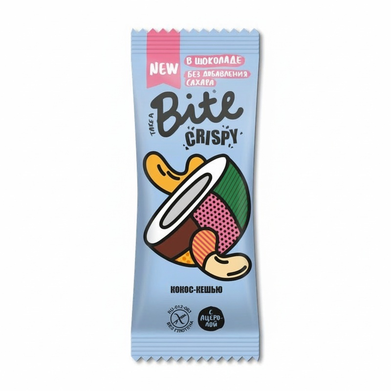 БАТОНЧИК BITE CRISPY КОКОС КЕШЬЮ В ТЕМНОМ ШОКОЛАДЕ 45Г