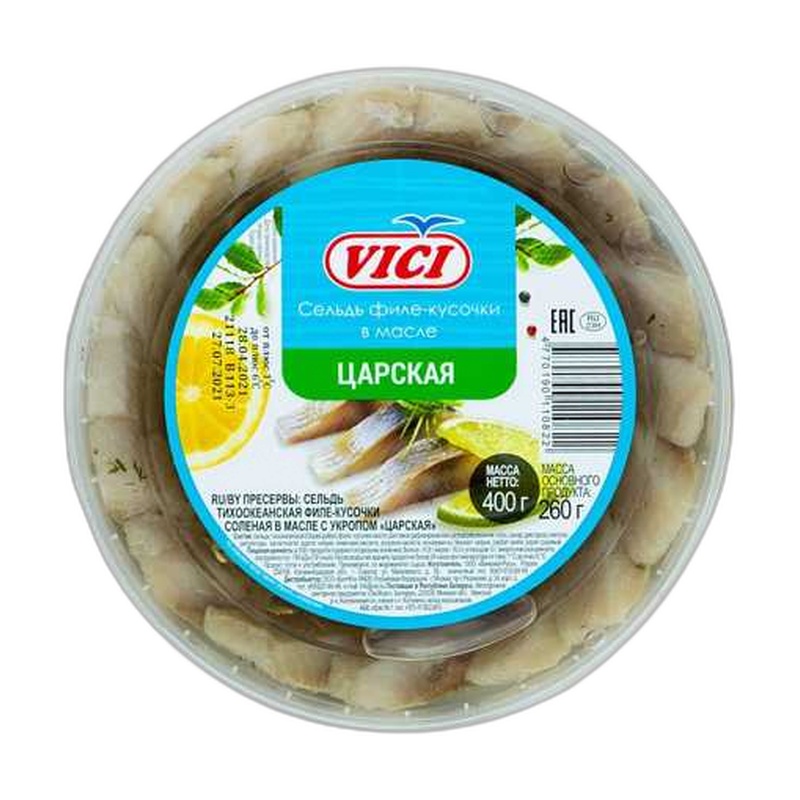 СЕЛЬДЬ VICI ФИЛЕ КУСОЧКИ В МАСЛЕ С УКРОПОМ ЦАРСКАЯ 400Г