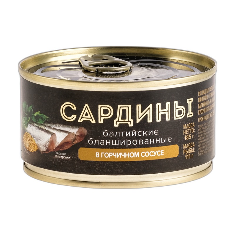 САРДИНА ЗА РОДИНУ БАЛТИЙСКАЯ БЛАНШИРОВАННАЯ В ГОРЧИЧНОМ СОУСЕ 185Г