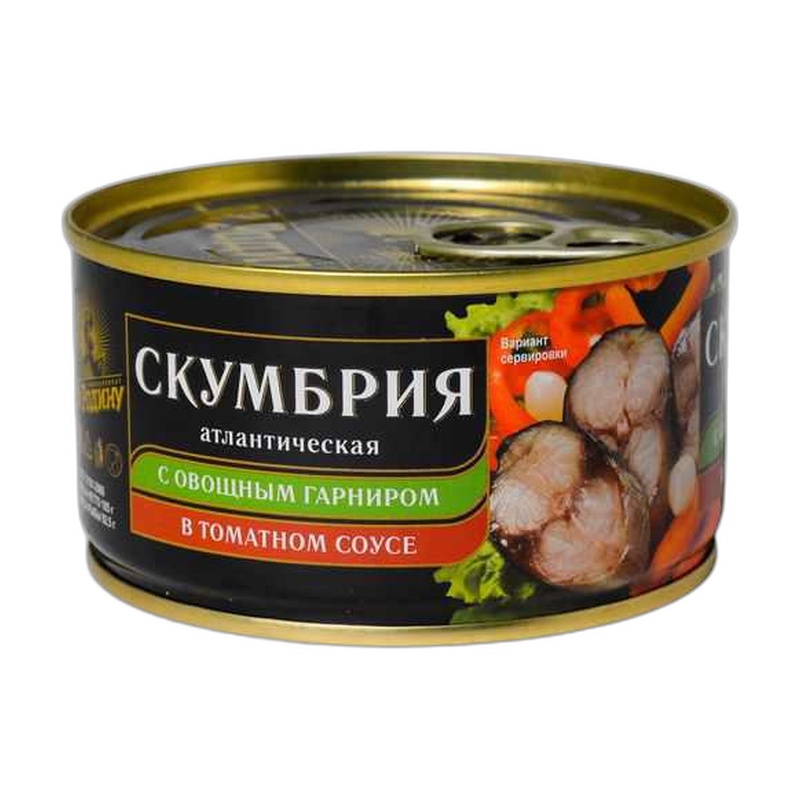 СКУМБРИЯ ЗА РОДИНУ АТЛАНТИЧЕСКАЯ С ОВОЩАМИ В ТОМАТНОМ СОУСЕ 185Г КЛЮЧ