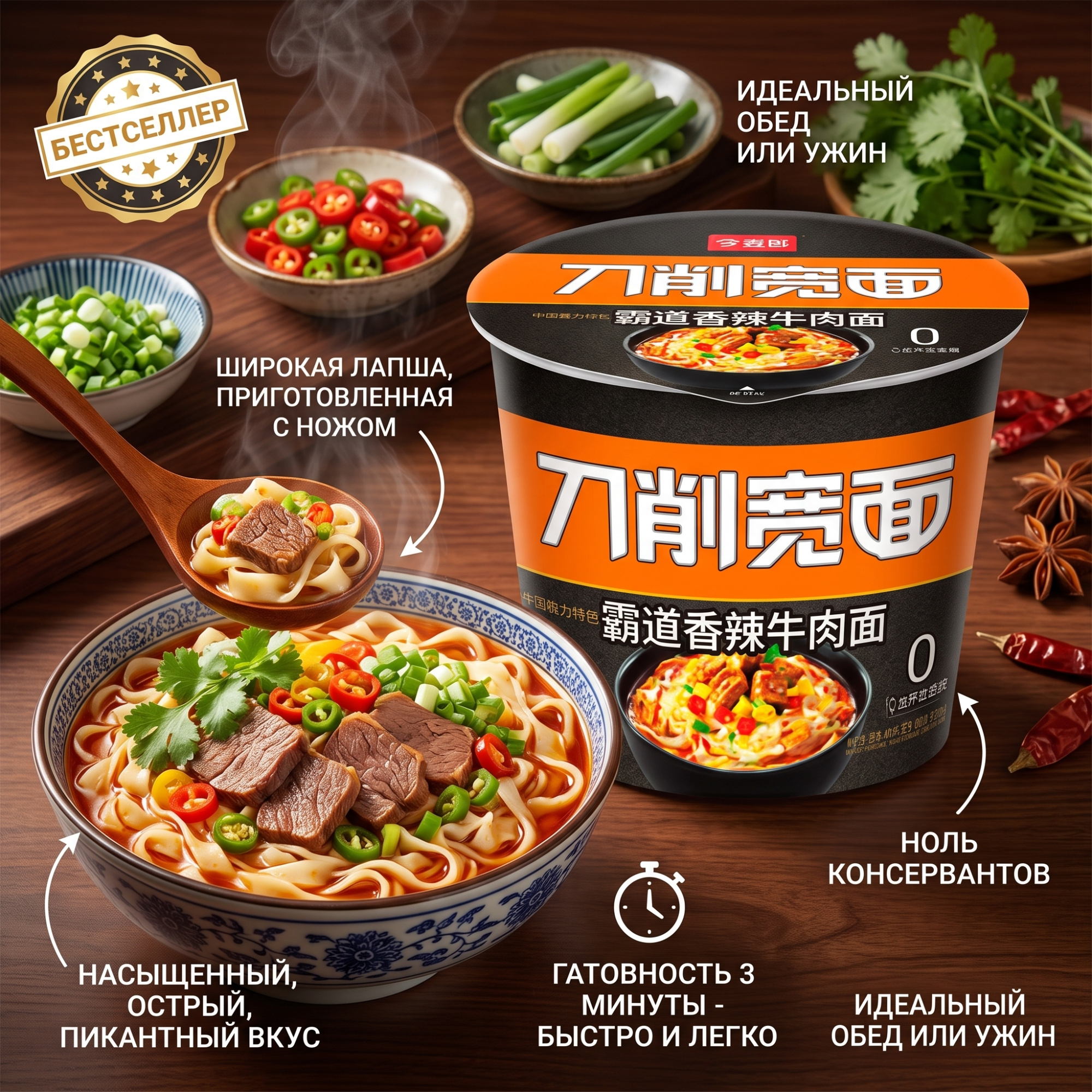 ЛАПША ДА ЮАНЬМАНЬ С ГОВЯДИНОЙ И МАРИНОВАННЫМ ОСТРЫМ ПЕРЦЕМ 106Г