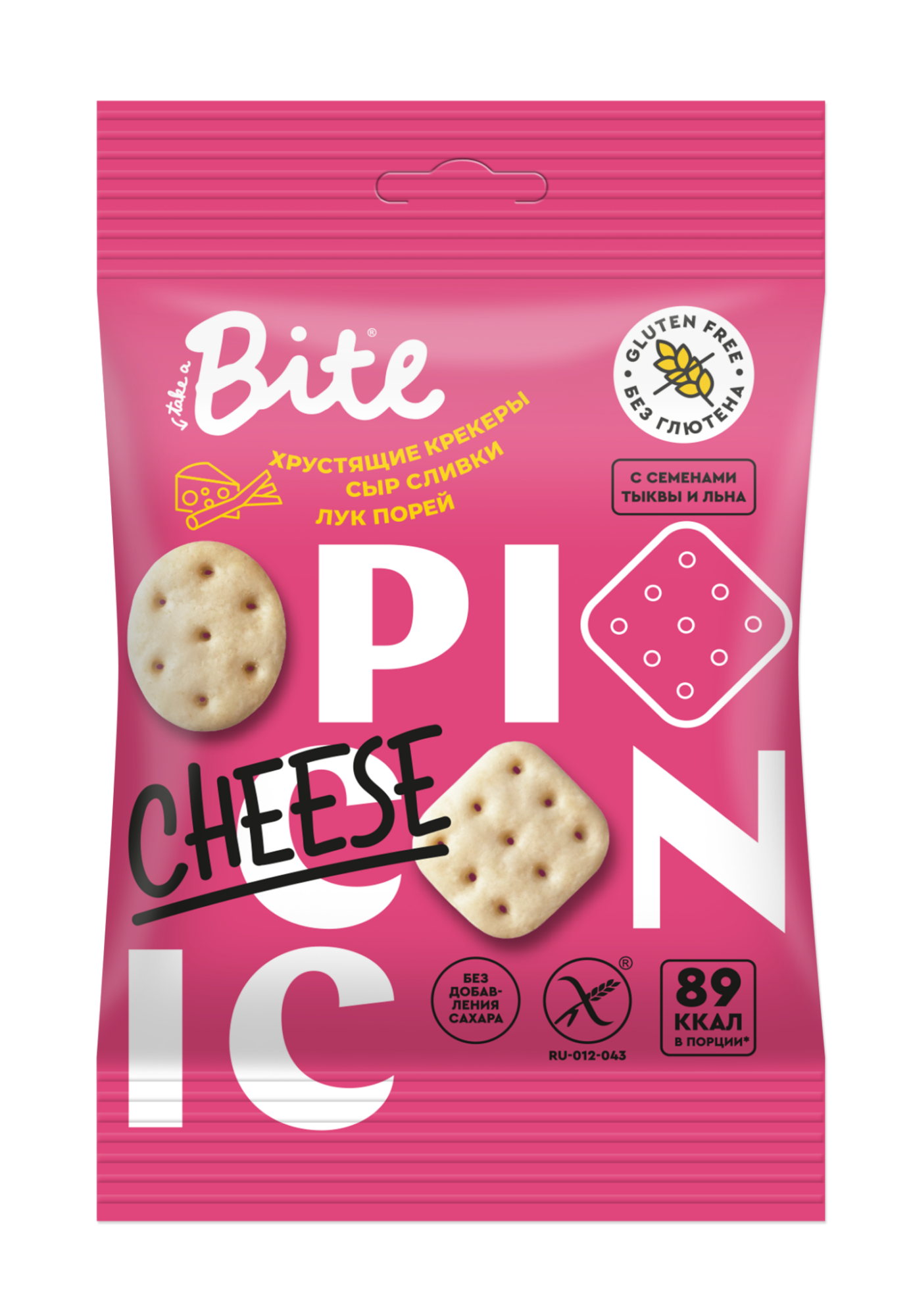 КРЕКЕРЫ СОЛЕНЫЕ BITE PICNIC СЫР СЛИВКИ ЛУК ПОРЕЙ 60Г