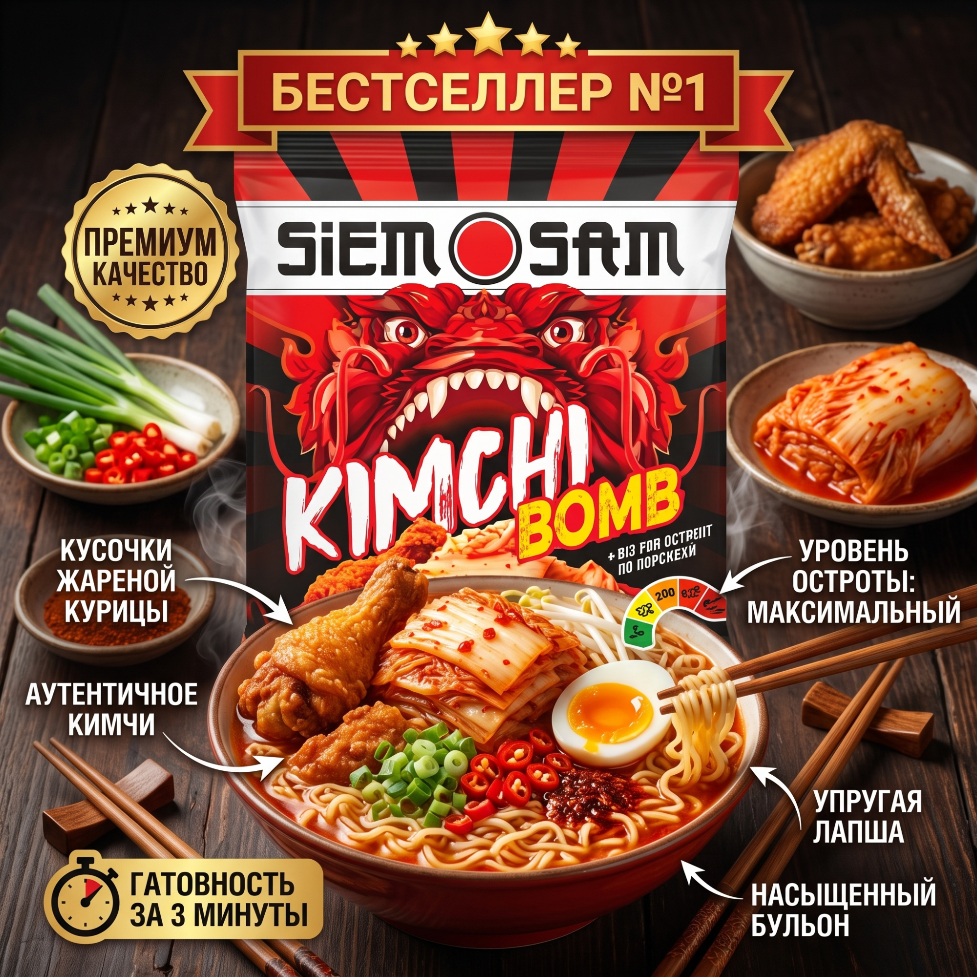 ЛАПША С ОСТРЫМ КУРИННЫМ МЯСОМ И КАРЕЙСКИЙ КОЛБАСКИ 161Г