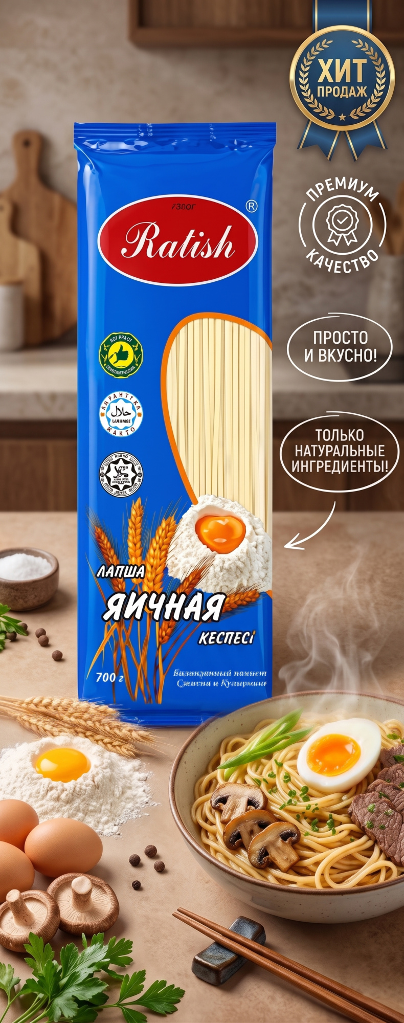 ЛАПША RATTISH ЯИЧНАЯ ФАСОВАННАЯ 750Г (СИНИЙ)