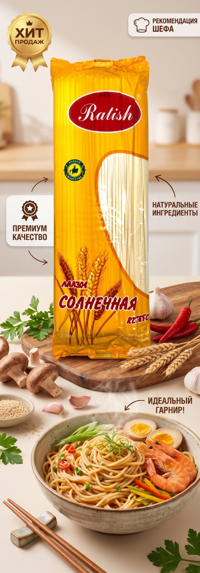 ЛАПША СОЛНЕЧНАЯ ЖЕЛТАЯ RATISH 750Г